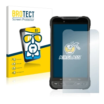 Front side of a product packaging with the brand logo BROTECT. Next to it is the device UniStrong UT12P shown with the corresp