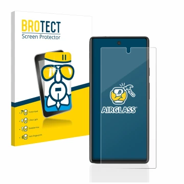 Front side of a product packaging with the brand logo BROTECT. Next to it is the device Google Pixel 6a shown with the corresp