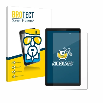 Front side of a product packaging with the brand logo BROTECT. Next to it is the device Lenovo Tab TB-X306F shown with the cor