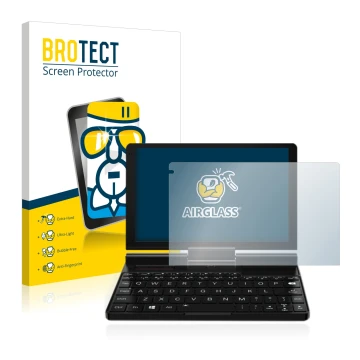 Front side of a product packaging with the brand logo BROTECT. Next to it is the device GPD Pocket 3 shown with the correspond