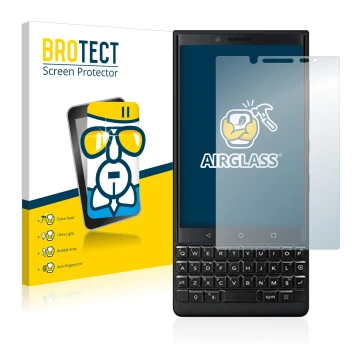 Front side of a product packaging with the brand logo BROTECT. Next to it is the device BlackBerry Key2 (Dual Sim) shown with 