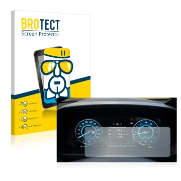 Front side of a product packaging with the brand logo BROTECT. Next to it is the device Hyundai i20 BC3 2021 Cockpit shown wit