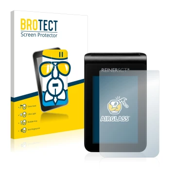 Front side of a product packaging with the brand logo BROTECT. Next to it is the device REINER SCT tanJack deluxe shown with t