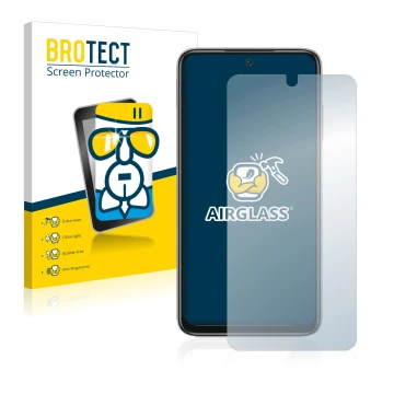 Front side of a product packaging with the brand logo BROTECT. Next to it is the device Xiaomi Redmi Note 11 4G shown with the