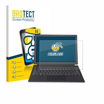 Front side of a product packaging with the brand logo BROTECT. Next to it is the device Wortmann Terra Pad 1262 shown with the