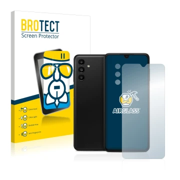 Front side of a product packaging with the brand logo BROTECT. Next to it is the device Samsung Galaxy A13 5G (Front+Camera) s