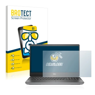 Front side of a product packaging with the brand logo BROTECT. Next to it is the device Dell Precision 7560 shown with the cor