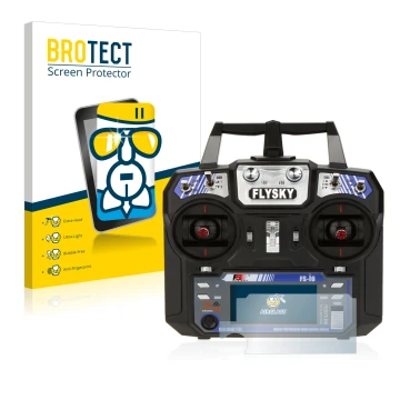 Front side of a product packaging with the brand logo BROTECT. Next to it is the device FlySky FS-i6 shown with the correspond