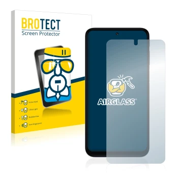 Front side of a product packaging with the brand logo BROTECT. Next to it is the device Motorola Moto G31 shown with the corre