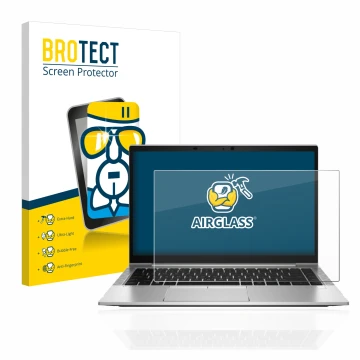 Front side of a product packaging with the brand logo BROTECT. Next to it is the device HP EliteBook 840 G8 shown with the cor