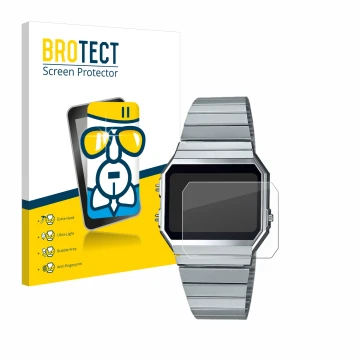 Front side of a product packaging with the brand logo BROTECT. Next to it is the device Casio A700WE shown with the correspond