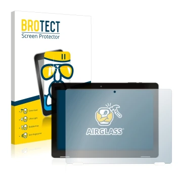 Front side of a product packaging with the brand logo BROTECT. Next to it is the device Hannspree Pad Apollo 2 shown with the 