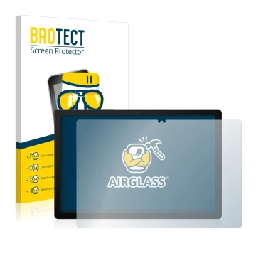 Front side of a product packaging with the brand logo BROTECT. Next to it is the device Samsung Galaxy Tab A8 LTE shown with t
