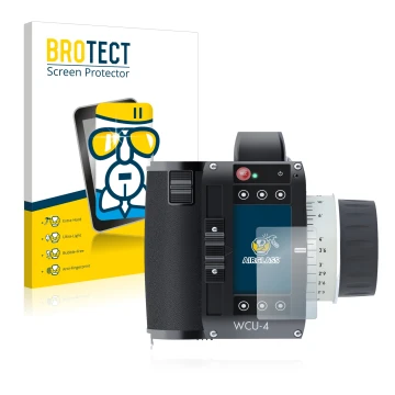 Front side of a product packaging with the brand logo BROTECT. Next to it is the device Arri WCU-4 shown with the correspondin