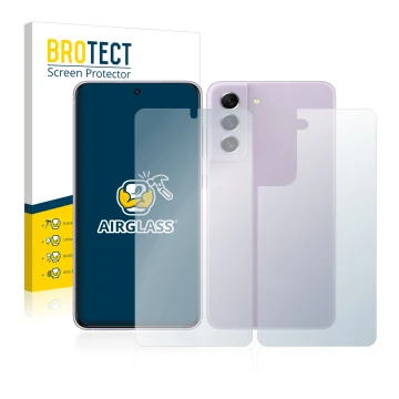 Front side of a product packaging with the brand logo BROTECT. Next to it is the device Samsung Galaxy S21 FE 5G (Front+Back) 