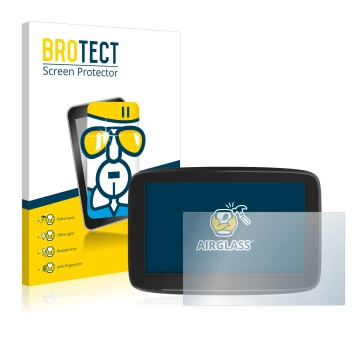 Front side of a product packaging with the brand logo BROTECT. Next to it is the device TomTom GO Classic 5