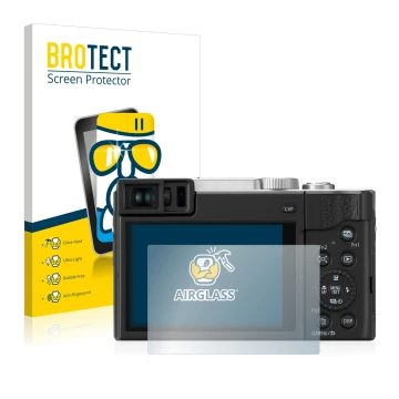 Front side of a product packaging with the brand logo BROTECT. Next to it is the device Panasonic Lumix DC-TZ95 shown with the