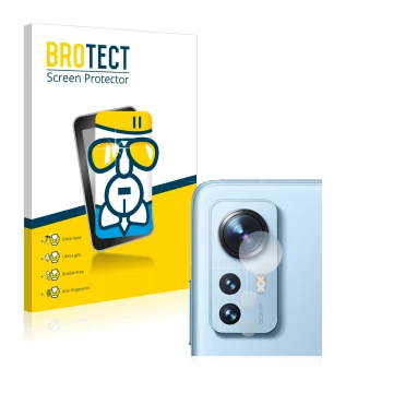 Front side of a product packaging with the brand logo BROTECT. Next to it is the device Xiaomi 12 Pro (ONLY Camera Lens) shown