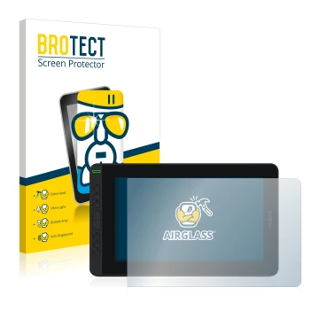 Front side of a product packaging with the brand logo BROTECT. Next to it is the device Huion Kamvas 12 shown with the corresp