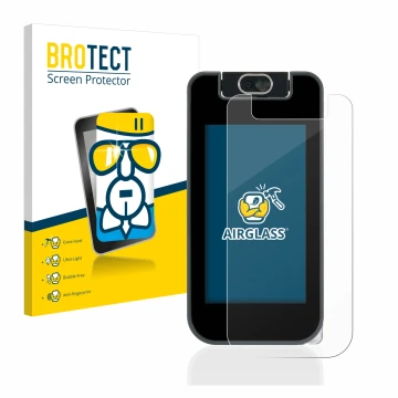 Front side of a product packaging with the brand logo BROTECT. Next to it is the device Vtech Kidicom Advance 3.0 shown with t