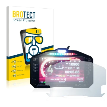 Front side of a product packaging with the brand logo BROTECT. Next to it is the device Starlane DaVinci-II S shown with the c