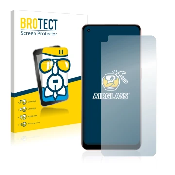 Front side of a product packaging with the brand logo BROTECT. Next to it is the device Oppo A96 shown with the corresponding 
