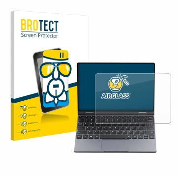Front side of a product packaging with the brand logo BROTECT. Next to it is the device Chuwi MiniBook X shown with the corres
