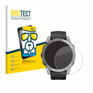 Front side of a product packaging with the brand logo BROTECT. Next to it is the device Garmin Fenix 7 (47 mm) shown with the 