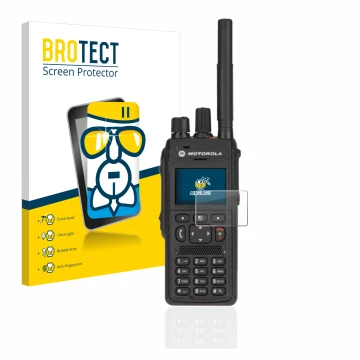 Front side of a product packaging with the brand logo BROTECT. Next to it is the device Motorola MTP3550 shown with the corres