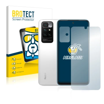 Front side of a product packaging with the brand logo BROTECT. Next to it is the device Xiaomi Redmi 10 (Front+Camera) shown w