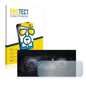 Front side of a product packaging with the brand logo BROTECT. Next to it is the device Hyundai i20N 2021 Cockpit shown with t