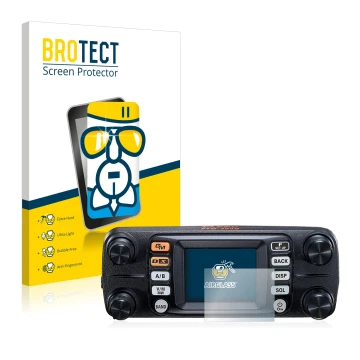 Front side of a product packaging with the brand logo BROTECT. Next to it is the device Yaesu FTM-300DE shown with the corresp
