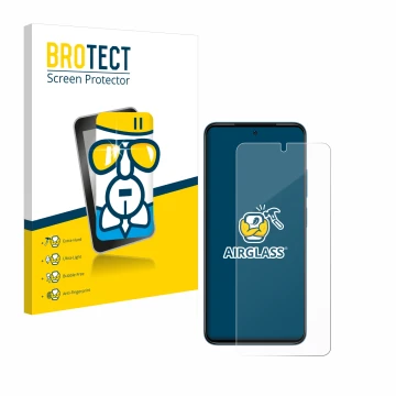 Front side of a product packaging with the brand logo BROTECT. Next to it is the device Xiaomi Redmi Note 11 shown with the co