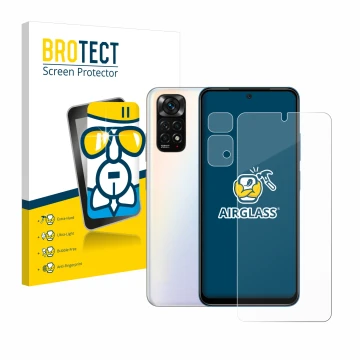 Front side of a product packaging with the brand logo BROTECT. Next to it is the device Xiaomi Redmi Note 11S (Front+Camera) s