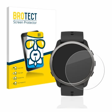 Front side of a product packaging with the brand logo BROTECT. Next to it is the device Suunto 5 Peak shown with the correspon