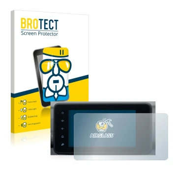 Front side of a product packaging with the brand logo BROTECT. Next to it is the device Dacia Sandero 2021-2025 Media Display 