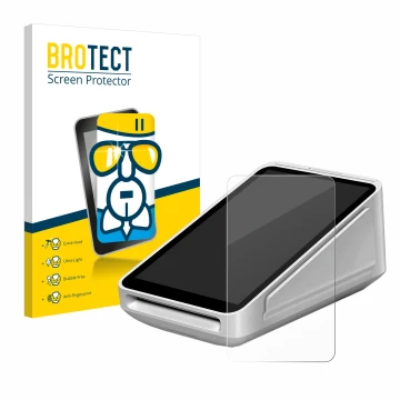 Front side of a product packaging with the brand logo BROTECT. Next to it is the device Square Terminal shown with the corresp
