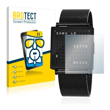Front side of a product packaging with the brand logo BROTECT. Next to it is the device Qlocktwo W35 shown with the correspond