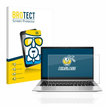 Front side of a product packaging with the brand logo BROTECT. Next to it is the device HP EliteBook 830 G8 shown with the cor