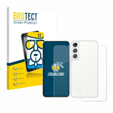 Front side of a product packaging with the brand logo BROTECT. Next to it is the device Samsung Galaxy S22 5G (Front+Back) sho