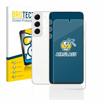 Front side of a product packaging with the brand logo BROTECT. Next to it is the device Samsung Galaxy S22 5G (Front+Camera) s