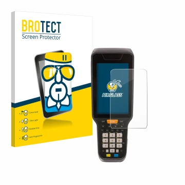 Front side of a product packaging with the brand logo BROTECT. Next to it is the device Datalogic Skorpio X5 shown with the co