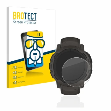 Front side of a product packaging with the brand logo BROTECT. Next to it is the device Garmin Instinct 2 shown with the corre