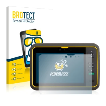 Front side of a product packaging with the brand logo BROTECT. Next to it is the device Trimble T7 shown with the correspondin