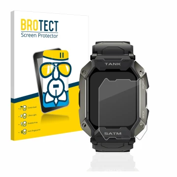 Front side of a product packaging with the brand logo BROTECT. Next to it is the device Kospet Tank M1 shown with the correspo