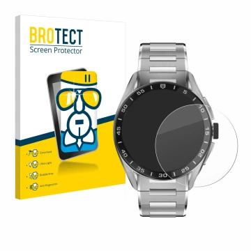 Front side of a product packaging with the brand logo BROTECT. Next to it is the device TAG Heuer Connected Calibre E4 (45 mm)