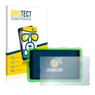 Front side of a product packaging with the brand logo BROTECT. Next to it is the device MEDION Lifetab E10440 Kids shown with 