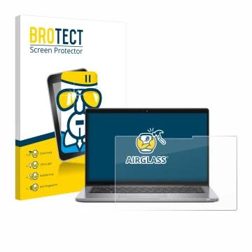 Front side of a product packaging with the brand logo BROTECT. Next to it is the device Dell Latitude 7320 2-in-1 shown with t