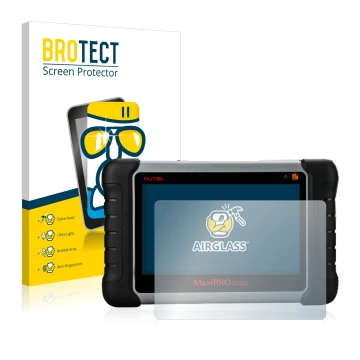 Front side of a product packaging with the brand logo BROTECT. Next to it is the device Autel MaxiPRO MP808TS shown with the c