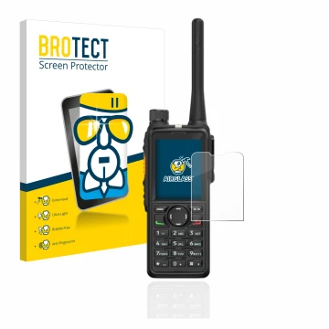 Front side of a product packaging with the brand logo BROTECT. Next to it is the device Hytera HP785 shown with the correspond